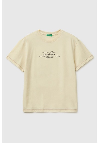 United Colors Of Benetton Erkek Çocuk Önü Baskılı Arkası İşlemeli Bisiklet Yaka T-shirt Ekru 6-13 Yaş-2828
