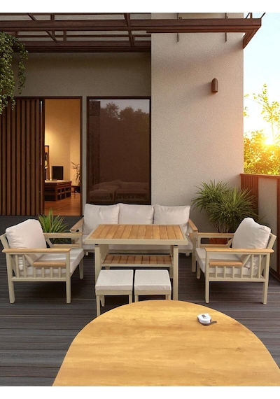 Balkon Takımı, Cappuccino Bahçe Takımı 5+1 Masa 70x110 3lü Koltuk 70x180 Tekli Koltuk 70x70 Bej
