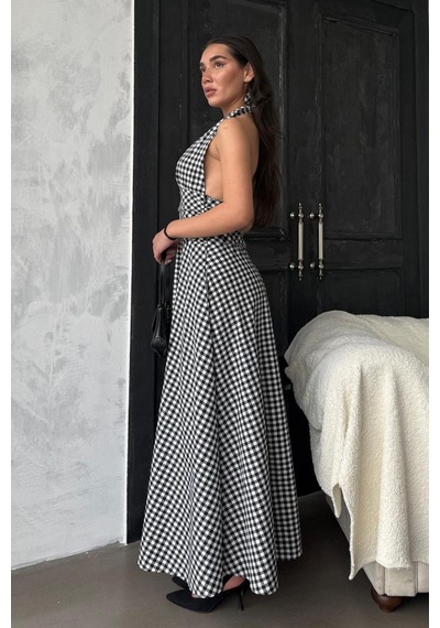 Madmext Siyah Ekoseli Midi Boy Kadın Elbise Mg2350 Siyah