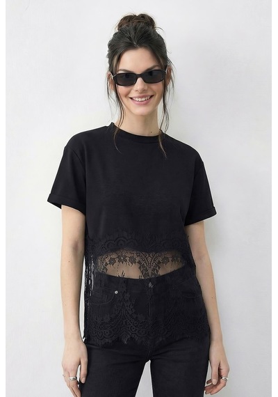Shade Kadın Bisiklet Yaka Dantel Detaylı Rahat Kalıp T-shirt 1074 60286064 - Siyah