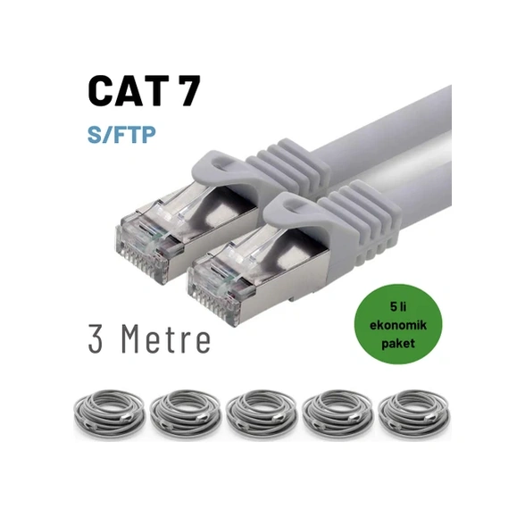 5 Adet 3 Metre Gri Cat7 Kablo S/ftp Ethernet Network Lan Ağ Kablosu