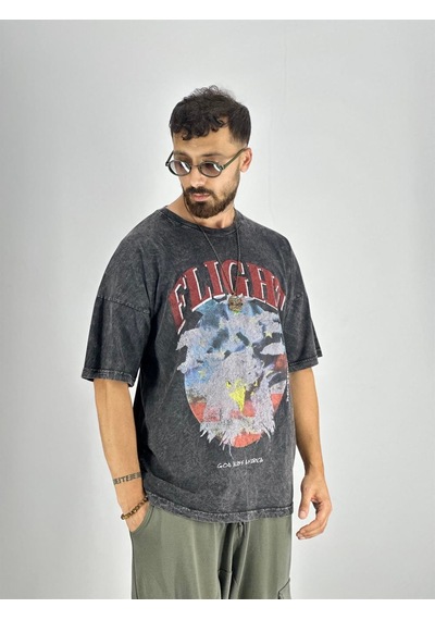 Cocopelli Erkek Yıkamalı Kumaş Baskılı T-shirt Coc2217 Siyah