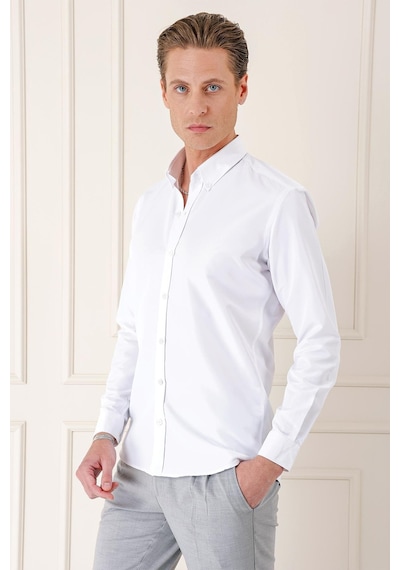 Efor Slim Fit Düğmeli Yaka Pamuklu Klasik Beyaz Gömlek Gk 715 Beyaz