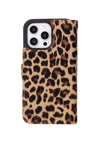 Cüzdan Taşıma Derdi Olmadan İphone 16 Pro Max Uyumlu Hakiki Deri El Yapımı Kart Yuvalı Kılıf Leopar Desenli Kahverengi