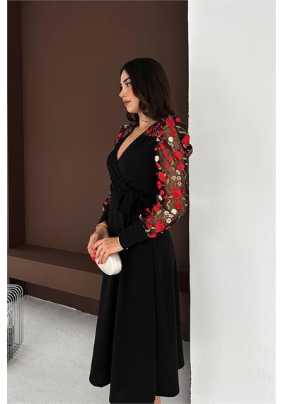 Neşeli Butik Kadın Siyah Tül Kol Çiçek İşlemeli Midi Boy Elbise Nbk4409 Siyah Neşeli Butik Kadın Siyah Tül Kol Çiçek İşlemeli Midi Boy Elbise Nbk4409 Siyah
