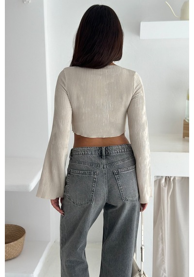 Noa & Noa İspanyol Kol Ribanalı Sivri Etek Uçlu Crop Bluz Modern & Vücuda Oturan Stil Bej