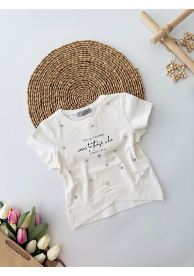 Miniğimin Cicileri Özel Tasarım Taşlı Kız Çocuk Tşört - Krem