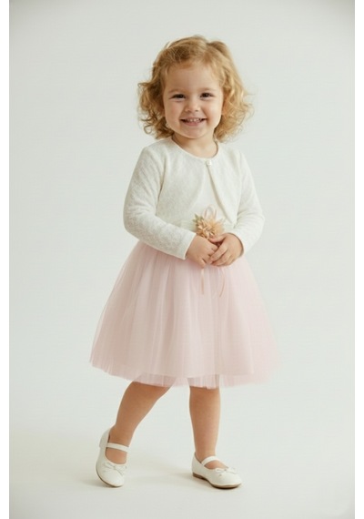 Mnk Baby & Kids Triko Bolerolu Bel Çiçekli Kız Bebek Elbise M00773 açık pembe