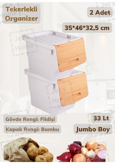 2 Li Tekerlekli Patateslik Soğanlık Erzak Kutusu Oyuncaklık Sebzelik Bambu Desenli 33 Lt Bambu