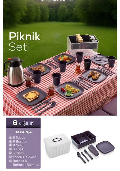 Vienev 33 Parça 6 Kişilik Piknik Seti Mor Mor