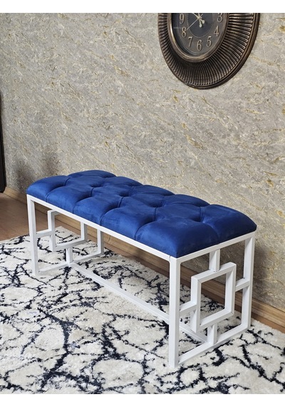 Zafir Beyaz Boyalı İçi Kareli Diktörtgen 100 Cm X 40 Cm Oturak Puf - Bench - Makyaj Oturağı - Oturak Mavi