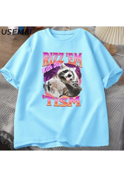 Flood Of Style Rizz Em Tism İle Retro Tişört Adam Komik Rakun Grafik T-shirt Unisex Opossum T Shirt Kadın Er Mavi