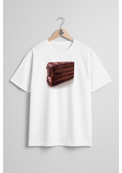 Oversize Çikolatalı Kek Göğüs Tasarımlı Unisex T-shirt Beyaz