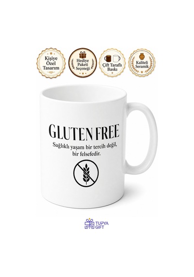 Gluten Free Yazılı Glütensiz Kupa Bardak Özel Tasarım Hediye Beyaz / Çok Renkli