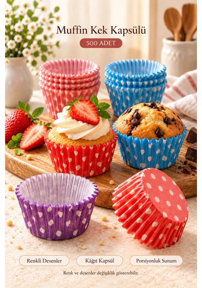 500 Adet Kağıt Muffin Kalıbı Cupcake Kek Kapsülü Desenli Puantiyeli Tek Kullanımlık Tatlı Sunum Kab Çok Renkli