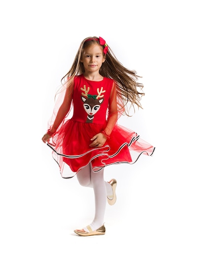Denokids Tüllü Geyik Kız Kırmızı Yılbaşı Tütü Elbise Kırmızı