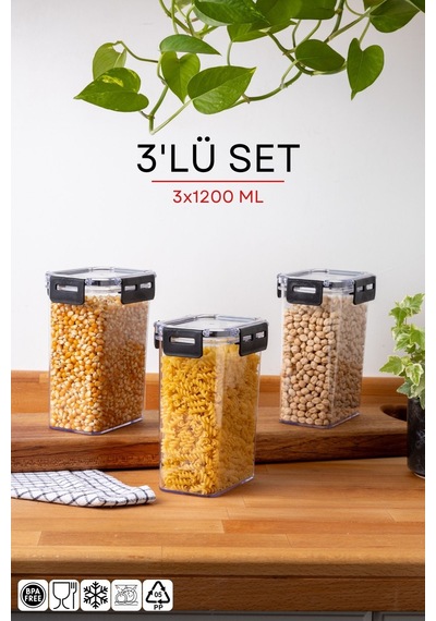 Nandy Home Kilit Kapaklı Dikdörtgen Clear Saklama Kabı Seti 3'lü - 1200 ML Beyaz