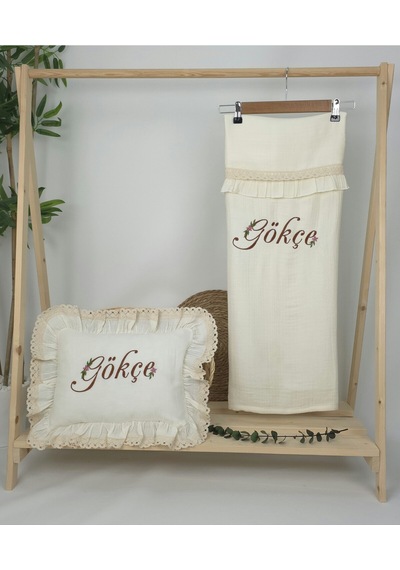 Gros Shop Müslin Yeni Doğan 4katlı Organik %100pamuk Kişiye Özgü Nakışlı Hastane Çıkış Seti Papatya Model-8 Ekru-1