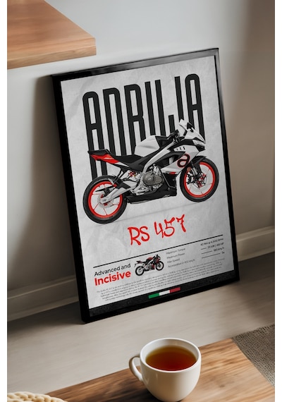 Aprilia Rs 457 Siyah Ahşap Çerçeveli Poster, Dekoratif Motosiklet Duvar Tablosu Çok Renkli