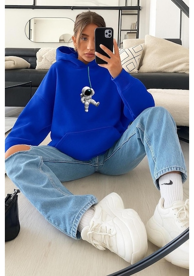 Benroma 3 İplik Penye Astronot Unisex Kapüşonlu Sweat Saks Mavisi
