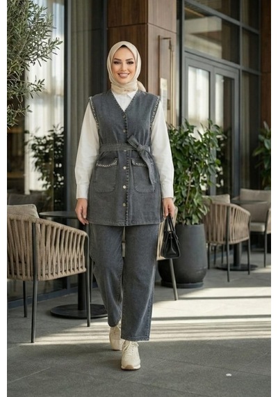 Hb Harma Time Butik Kadın Taş İşlemeli Kuşaklı Yelek-pantolon Siyah Kot İkili Takım