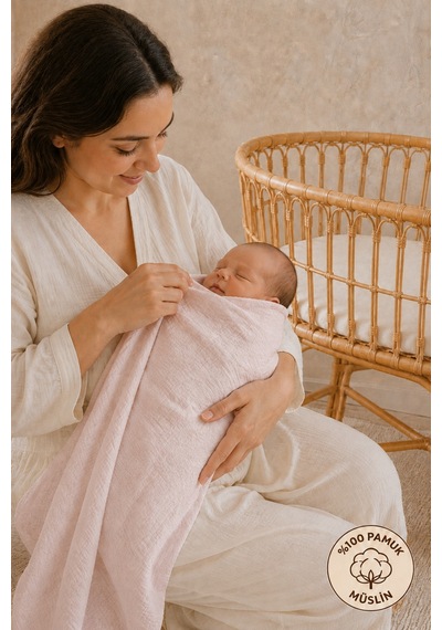 Çift Katlı %100 Organik Pamuk Bebek Yenidoğan Çok Amaçlı Müslin Örtü & Battaniye 80x90 Cm Oeko-tex Sertifikalı Kum Beji