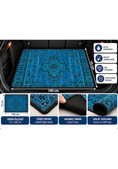 Universal 75x100 Cm Dijital Baskılı Oto Bagaj Halısı Kaymaz Tabanlı, Siyah Biyeli, Dekoratif Araç Bagaj Paspası 100cmx75cm