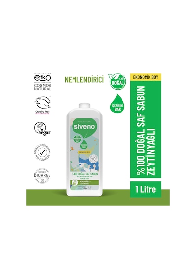 Siveno %100 Doğal Sıvı Kastil Sabun Zeytinyağlı Yoğun Nemlendirici Bitkisel Vegan 1 L