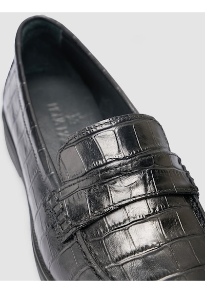 %100 Hakiki Deri Siyah Croco Desen Kadın Loafer Siyah