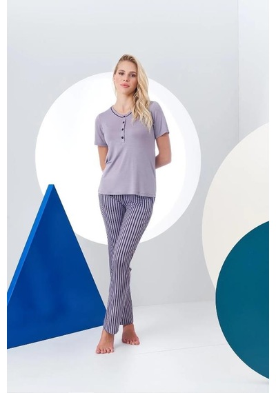 Pjs 24157 Kadın Çizgili Patlı Kısa Kol Pijama Takım 001