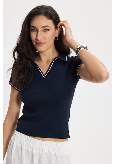 Tudors Kadın Slim Fit Dar Kesim Pamuklu Polo Yaka Kısa Kollu Lacivert Tişört-50463