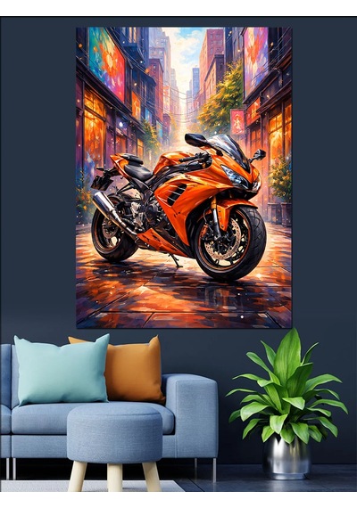 Ahşap Tablo Turuncu Modern Spor Motosiklet Görseli