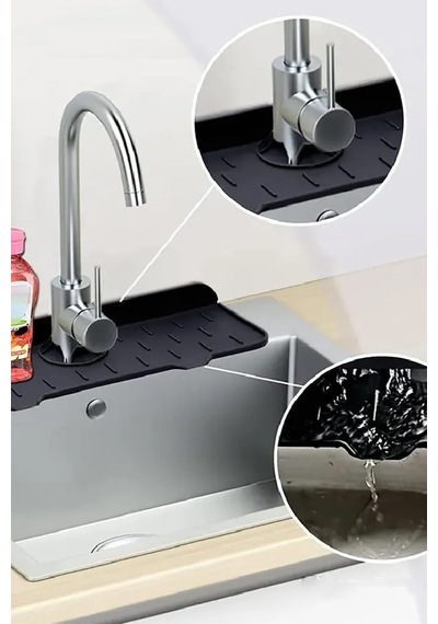 Aveo 1 Adet Gri / Sarı Renk Mutfak Banyo Lavabo Kenarı Silikon Matı Silikon Musluk Su Sıçrama Önleme Siyah