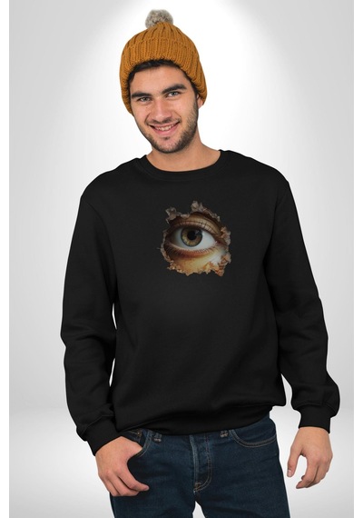 Duvardan Biri Bizi Gözetliyor Unisex Siyah Baskılı Sweatshirt Siyah