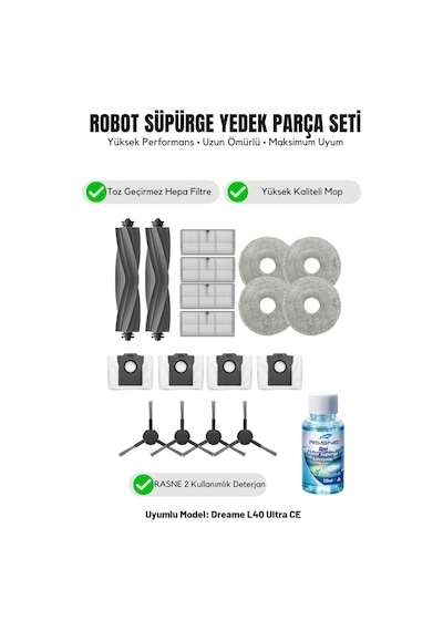Dreame L40 Ultra Ce İle Uyumlu 2 Ana Fırça 4 Yan Fırça 4 Filtre 4 Mop 1 Deterjan 4 Toz Torbası 8.0