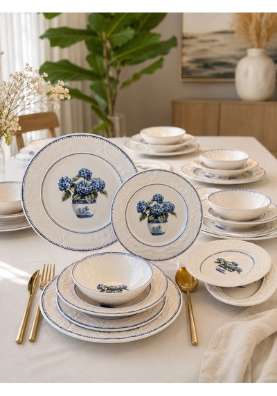 26 Parça 6 Kişilik Vintage Hydrangea Yemek Takımı-7210 Beyaz