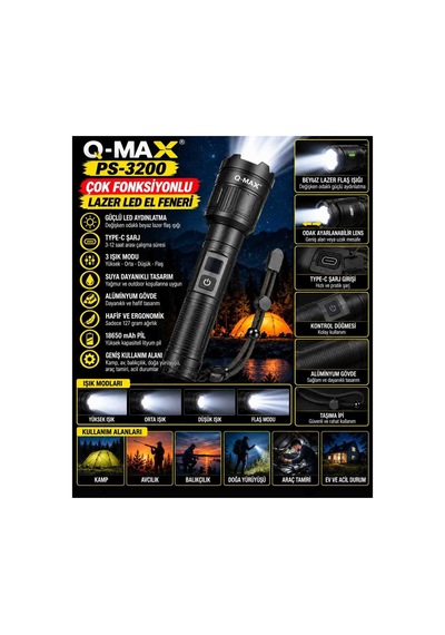 Q Max Ps 3200 Çok Fonksiyonlu Şarjlı Led El Feneri Beyaz Işık Ayarlanabilir Zoom Modu Type C