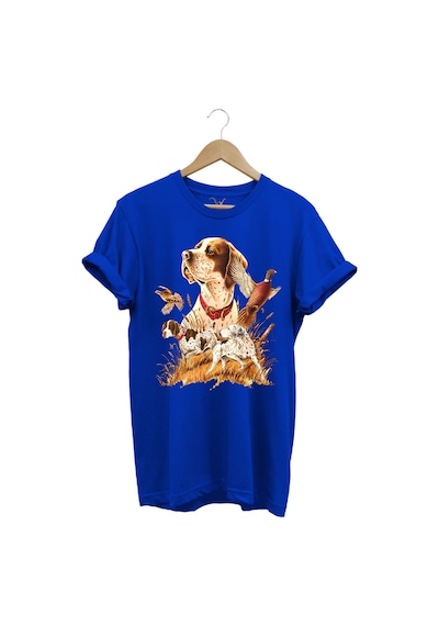 Avcılık Desenli Av Köpeği Ingiliz Pointer Setter Sülün Vahşi Yaşam Baskılı Regular Fit Mavi T-shirt Saks Mavi