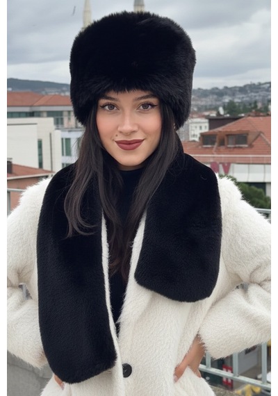 Mollycrush Peluş Kalpak Atkı Eldiven 3'lü Set Kadın Kışlık Siyah Suni Kürklü 3'lü Takım Siyah