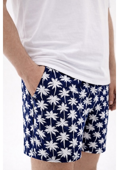 Erkek Pamuklu Kısa Kollu Palmiye Desenli Cepli Şortlu Pijama Takımı Ke77626 Lacivert - Beyaz