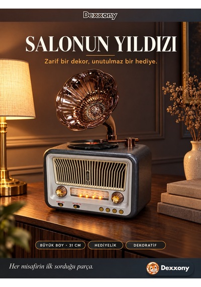Dexxony Dx-2528 Antrasit Nostaljik Radyo Retro Gramofon Büyük Boy Şarjlı Bluetooth Hoparlör Fm Usb