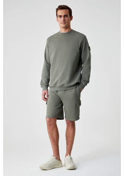 Grimelange OLLIE Erkek Bisiklet Yaka Regular Uzun Kollu Nakış Detaylı Haki Sweatshirt
