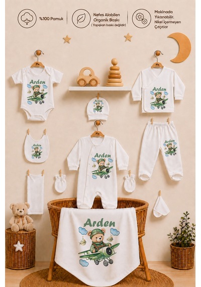 Pia Baby 10 Parça İsme Özel Erkek Bebek Hastane Çıkışı %100 Pamuk Organik Baskılı 1014103x Ekru