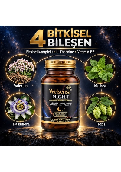 Welsensa Night Stressiz Ve Derin Uyku Döngüsüne Yardımcı Melatoninsiz Formül 60 Kapsül