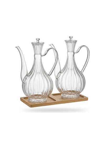 Reoona Cam Yağdanlık 750ml+750 Ml Glory Çizgili Bambu Stantlı Borosilikat Sirkelik El Üretimi Yağ, Sirke Açık Beyaz