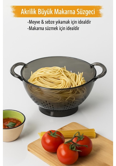 Akrilik Füme Makarna Süzgeçi & Sebze Meyve Süzgeçi Siyah