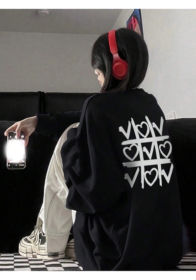 Startmore Heart Pattern Drop Shoulder Pullover Siyah Siyah