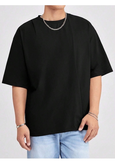 Basic Süprem T-shirt - Siyah Oversize Bisiklet Yaka Tişört Siyah-78282