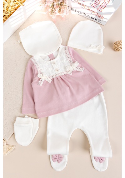 Babymod Fistolu 100% Pamuk Kız Bebek Takım 5'li Set Gülkurusu