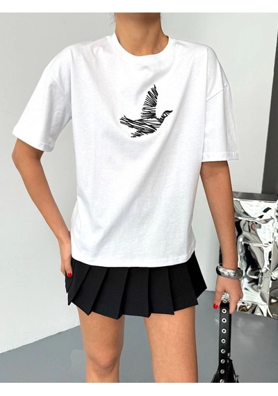Kadın Baskılı T-shirt Kısa Kol Bisiklet Yaka Regular Fit Yazlık Tişört - Beyaz